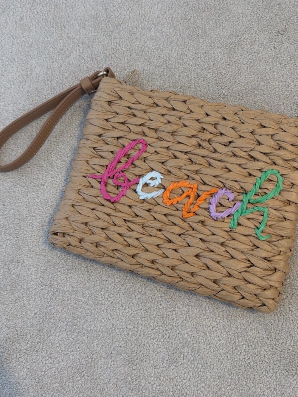 Woven Straw Wristlet Clutch with Colorful Embroidery - Tan